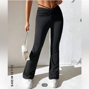 SHEIN PETITE Drawstring Ruched Waist Tie Back Flare Leg Pants